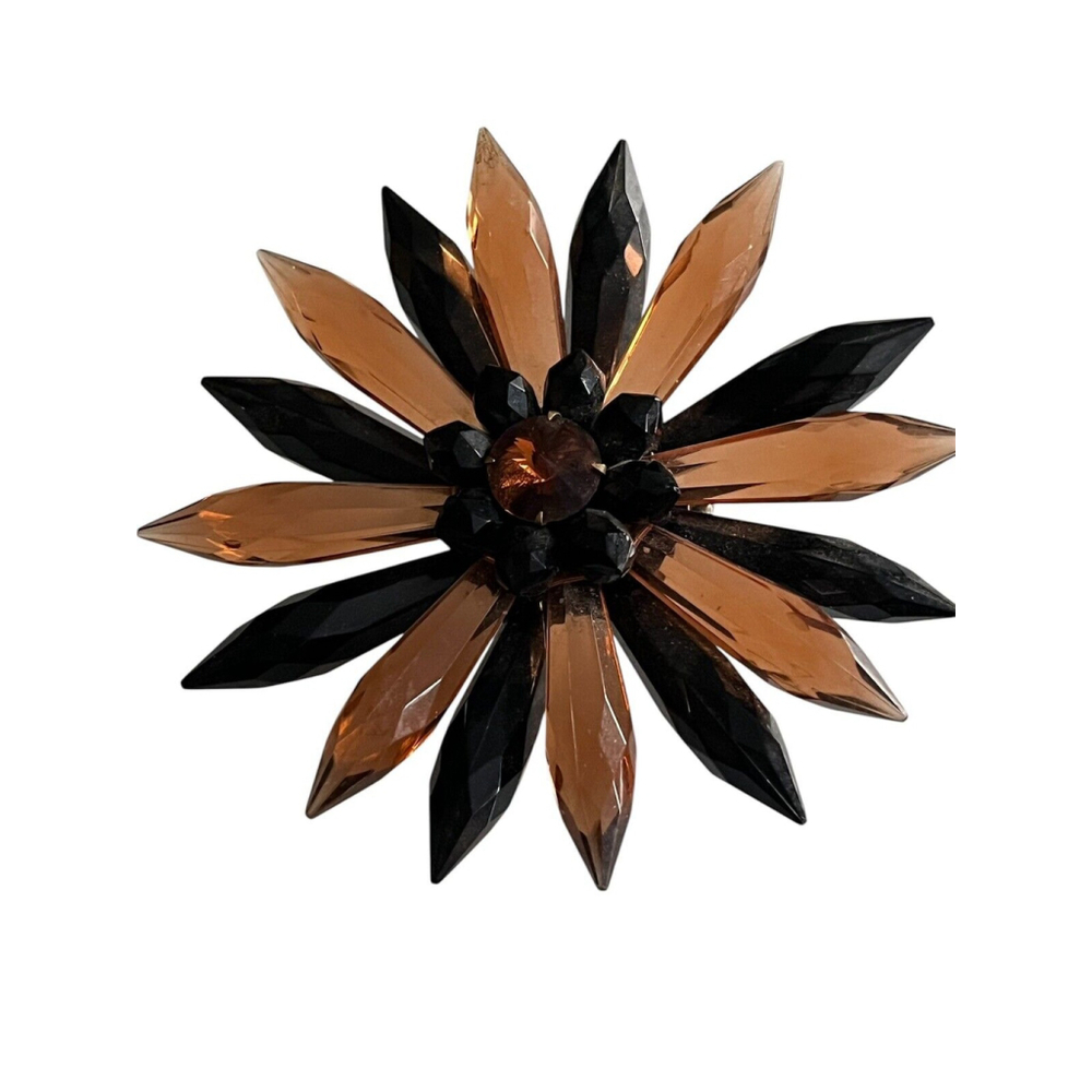 Vintage Lucite Acrylic Faceted West Germany Black Amber Plastic Flower Brooch
